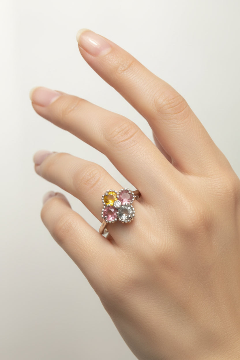 カラフルなトルマリンの花形リング